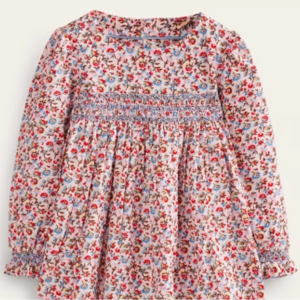 Mini Boden Pink Floral Smocked Long-Sleeve Dress